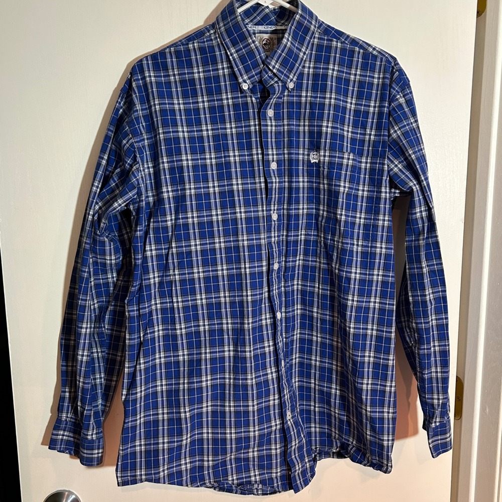 Cinch Mens Blue White Plaid Long Sleeve Western Button Down Shirt Medium‎